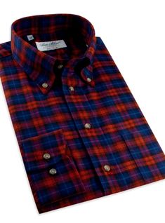 Red, Royal, and Midnight Plaid Brushed Cotton Button Down Fitted Plaid Flannel Shirt With Spread Collar, Formal Plaid Shirt For Fall, Classic Plaid Flannel Shirt With Button Cuffs, Classic Fitted Flannel Shirt With Button Closure, Classic Red Flannel Shirt For Fall, Fitted Plaid Flannel Shirt With Button Closure, Ben Silver, French Cuff Shirts, Classic Clothing