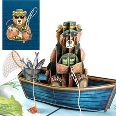 a paper model of a bear in a boat with fishing gear on the front and side