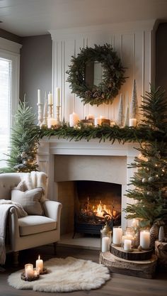 a living room decorated for christmas with candles and wreaths