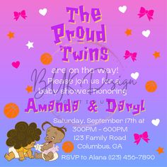 Proud Family Party Theme, Proud Family Birthday Party, Bebe Proud Family, Proud Family Twins, The Proud Family Gender Reveal, Proud Family Baby Shower, Shower Light, Twins Party, Cool Attitude