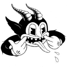 an ink drawing of a cartoon character with horns and fangs