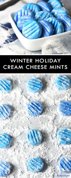 blue and white desserts with text overlay that reads winter holiday cream cheese mints