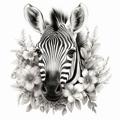 a black and white drawing of a zebra with flowers around it's neck, in front of a white background