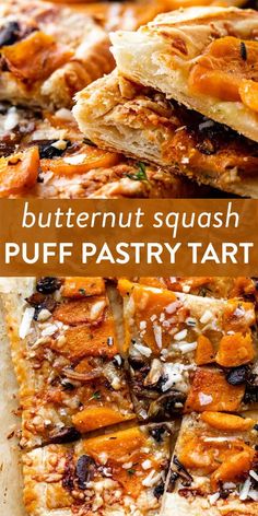 the butternut squash puff pastry tart is cut in half and stacked on top of each other