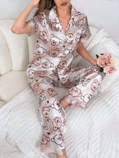 Multicolor  Collar   Cartoon Pant Sets Embellished Slight Stretch All Women Sleep & Lounge Printed Pajama, Cartoon Bear, Print Pajamas, Bear Cartoon, Pajamas Women