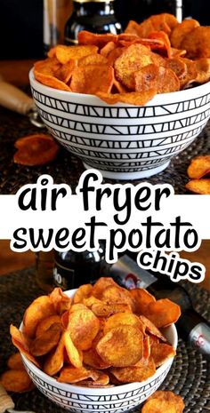 air fryer sweet potato chips in two white bowls on a black and white table