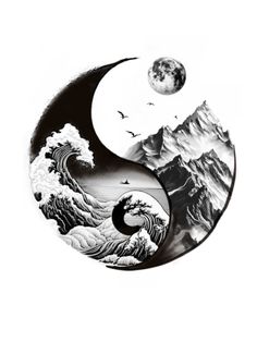 a yin - yang symbol with mountains and waves in the background, as well as a full moon