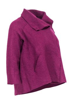 Brighten up the chilliest of days with this jacket from Eileen Fisher! Made of 100% wool, this piece is warm in both material and color. Perfect for adding a pop of purple to your winter wardrobe. Throw on over a turtleneck and jeans and you'll be good to go! Size PP 100% Wool Front snap button-up closure Unlined Draped neckline Open pockets on front of waist Shoulder to shoulder 16" Bust 42" Waist 42" Sleeve length 15" Shoulder to hem 22" Eileen Fisher, Winter Wardrobe, Button Up, Turtle Neck, Sleeve Length, Wool, Wardrobe, Purple, Color