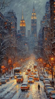 a painting of a city street at night with cars and people walking in the snow