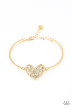 A white rhinestone encrusted gold heart frame delicately links to two dainty gold bars arcing around the wrist, creating a dazzling centerpiece. Features an adjustable clasp closure. Sold as one individual bracelet. P9RE-GDXX-258XX RELEASED 14 JAN 19 Paparazzi Accessories Jewelry, Valentines Bracelets, Gold Bars, Heart Frame, Paparazzi Accessories, Bar Bracelets, Exclusive Jewelry, White Rhinestone, Affordable Jewelry