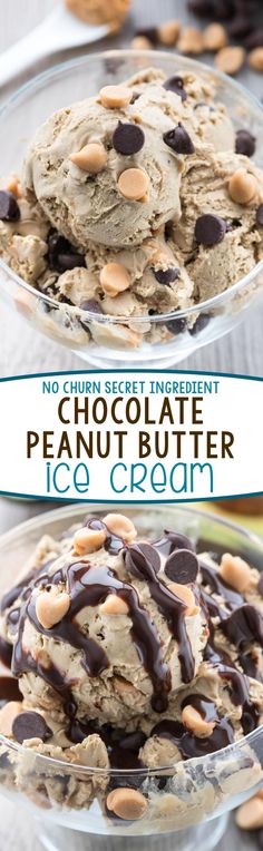 no churn secret ingredient chocolate peanut butter ice cream in a glass bowl with text overlay