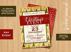 a christmas party flyer is displayed on a wooden table with red and green accents,