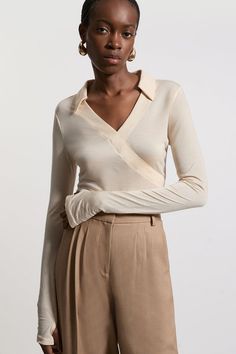 Premium Tencel Jersey Collared Long Sleeve Top Versatile Beige V-neck Top, Fitted Beige Long Sleeve Blouse, Beige Fitted Long Sleeve Blouse, Collared Beige Blouse For Fall, Beige Collared Blouse For Fall, Fall Beige Collared Blouse, Winter Cream Collared Tops, Elegant Wrap Top In Solid Color, Chic Cream Winter Tops