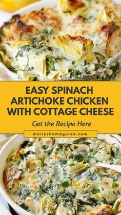 Indulge in the creamy goodness of spinach artichoke chicken made with cottage cheese. This recipe is a delightful twist on a classic favorite, combining tender chicken with a luscious blend of spinach, artichokes, and rich cottage cheese. The result is a flavorful and satisfying dish that is perfect for any occasion. Whether you're cooking for yourself or entertaining guests, this spinach artichoke chicken recipe will surely impress. Try it today and experience the delicious harmony of flavors i Spinach Artichoke Chicken With Cottage Cheese, Paleo Spinach Artichoke Chicken, Spinach Artichoke Chicken Casserole – Keto And Low Carb, Chicken With Artichokes And Spinach, Spinach Artichoke Cottage Cheese, Keto Spinach Artichoke Chicken Casserole, Spinach And Artichoke Recipe, Chicken Spinach Cottage Cheese Recipes, Chicken Recipes With Cottage Cheese