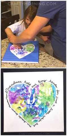 two pictures, one with a heart and the other with an image of a child's artwork