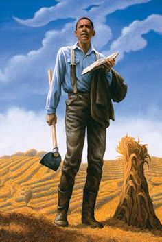 a painting of a man standing in the middle of a wheat field holding a shovel