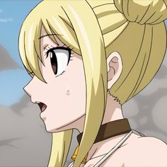 an anime character with blonde hair and big eyes looking to the side, in front of mountains