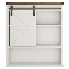 an open white bookcase with sliding doors on the top and bottom shelves, against a white background