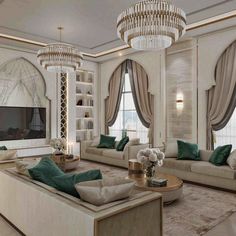 a living room filled with furniture and a chandelier