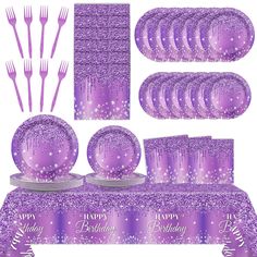 purple birthday party supplies including plates, napkins and forks