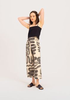 Shiloh Pant | BEL KAZAN | Cream Zen Printed Cotton Pant Handmade in Bali Spring Abstract Print Wide Leg Bottoms, Chic Fitted Graphic Print Bottoms, Fitted Graphic Print Chic Bottoms, Casual Wide Leg Pants With Abstract Print, Chic Black Printed Pants, Chic Printed Cotton Pants, Chic Printed Cotton Bottoms, Summer Wide Leg Bottoms With Abstract Print, Wide Leg Bottoms With Abstract Print For Summer