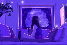 The Window, Bed, Stars, Purple, Music, Anime