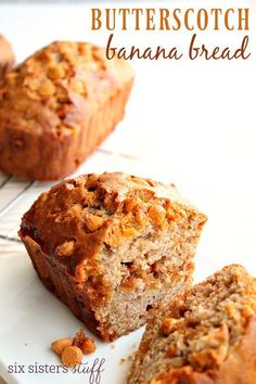 two banana breads sitting on top of a white plate next to another muffin