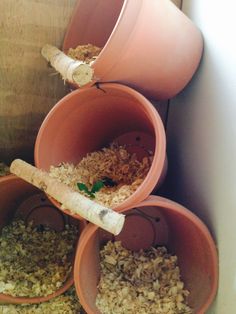 three buckets filled with different types of food and one has a stick sticking out of it