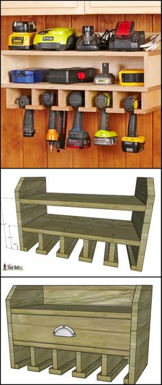 the plans for a diy workbench are shown in three different views, including one with tools on it