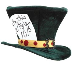 a green top hat with red polka dots on the brim and gold ribbon around the crown