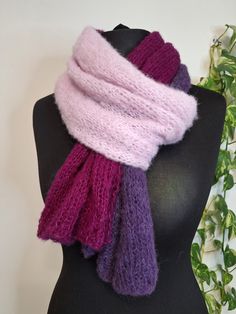 Knitted soft, warm and gentle striped alpaca scarf. 3-color - purple, pink, violet. It is a great addition to your cool season accessories and a perfect present. Product Details: 100% hand knit. Made in a smoke free environment. Ready to ship. Alpaca and silk yarn does not cause allergies. Measures:174cm x 36cm (68,5in x 14,2in). Weight: about 75 g. Material: Brushed alpaca silk yarn: 77% alpaca, 23% silk. Care instruction: Hand wash in cool water at 30oC (86oF), with delicate soap, do not dry i Violet Rose, Alpaca Scarf, Silk Yarn, Soft Hands, Soft Hand, Shawls And Wraps, Loved Ones, Silk Scarf, Scarf Wrap