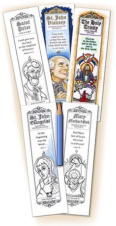 three bookmarks with pictures of saints and the names of jesus, mary magdalene, st john