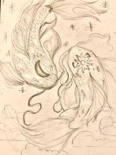 a pencil drawing of two fish in the water with stars and clouds behind them,