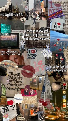 the collage has many different pictures and words on it, including one that says i love new york