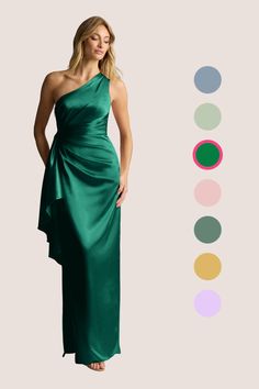 a woman in a green dress with different colors