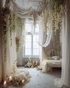 a bedroom decorated in white and flowers with candles on the floor next to the bed