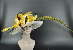 ".Decorated the cute hat using yellow silk flowers, black yellow real feathers, and an amazing zebra lady Amherst pheasant feather 100% Sinamay, light and comfortable *Wide brim measure Appr: 5.5\" brim *The crown is decorated with a jumbo Silk flower, amazing Zebra Lady Amherst Pheasant Feather. Very beautiful!! *Head girth is 22\"-23\", adjustable string inside can give you the best fit. *Great for Kentucky Derby, Church, Wedding, Tea Party or another special event If you want to change the co Yellow Hat For Kentucky Derby, Yellow Mini Hats For Races At Royal Ascot, Yellow Mini Hat For Royal Ascot Races, Yellow Brimmed Mini Hats For Kentucky Derby, Sinamay Hats, Tea Party Wedding, Pheasant Feathers, Kentucky Derby Hat, Cute Hats