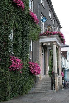 an old building covered in vines and pink flowers on the side walk with stairs leading up to it