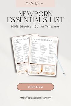 the new born essentials list is on display in front of a white background with pink accents