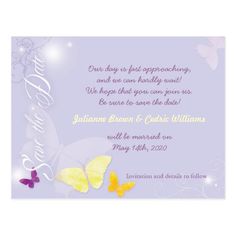 a purple and yellow wedding card with two butterflies on the front, in white lettering