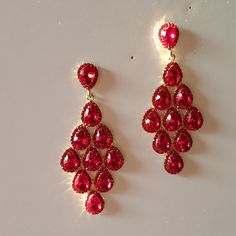 Red Crystal Dangle Earrings - Red And Gold - Plated - Lead Free - Crystal - Light Weight Length: 3.25" Red Teardrop Chandelier Earrings For Formal Occasions, Red Chandelier Earrings For Party, Crystal Dangle Earrings, Crystal Light, Earrings Red, Red Crystals, Earrings Color, Red And Gold, Red Gold