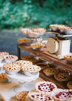 pies and pie cups on a table with trees in the backgrouf