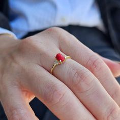 💎Discover the perfect balance of elegance and simplicity with our Minimalist Coral & Diamond Gold Ring. Crafted in solid 14K gold, this stunning red gemstone ring is ideal for daily wear. The natural coral adds a unique touch to this piece, making it a thoughtful gift for your best friend. Stand out with this timeless and chic gold ring. 💎We can make our product on the list in the colored stones you want. Feel free to send us a message so we can check. 💎 F E A T U R E S ▸ Made to Order ▸ Custom Gold Color: Yellow Gold, Rose Gold, White Gold ▸ Band Width: 1.30mm / 0.05in ▸ Material: Solid Real Gold (not gold-filled or no gold plated) ▸ Gold Carat: 8K - 333, 14K - 585 or 18K - 750 ▸ Diamond : Natural Round Cut 1.20mmx4 pcs / 1.30mmx2 pcs ▸ Diamond Carat: 0.05 Ctw. ▸ Diamond Color and Clar Modern 14k Gold Red Rings, Minimalist Red Rings For Formal Occasions, Classic Red Birthstone Ring With Ethical Gemstones, Red Minimalist Ruby Promise Ring, Minimalist Red Birthstone Promise Ring, Minimalist Red Promise Ring, Red Minimalist Promise Ring, Minimalist 14k Gold Ring In Red, Minimalist 14k Gold Red Ruby Ring