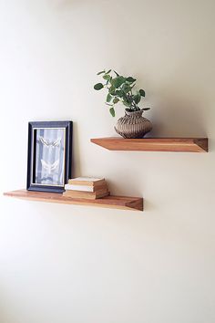 two wooden shelves with books and a plant on one shelf next to a framed photograph