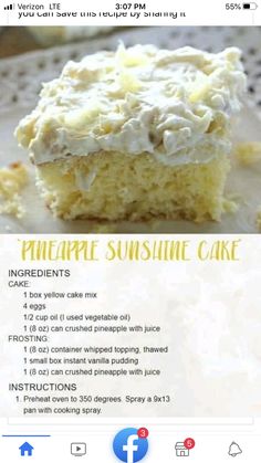 the recipe for pineapple sunshine cake is displayed on an instagram page, with information about it