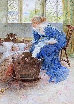 a painting of a woman sitting on a bed next to a baby in a crib