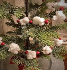 a potted plant with white cotton balls and red berries