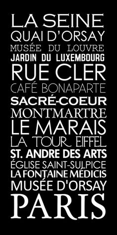 a black and white poster with the words paris in different languages on it's side