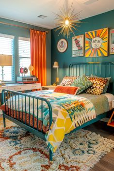 a bedroom with blue walls, orange curtains and a bed in the middle is shown