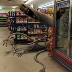 a weird looking object in the middle of a grocery store aisle with other items on display behind it